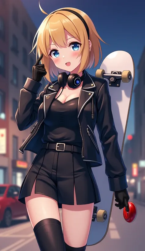  anime　 Gold　 short hair　 blue eyes　black long sleeve leather jacket　 black short camisole　 black buckle 　 black leather gloves on hands 　 black short boots　 black short socks 　 thigh decoration on both thighs 　 black knee brace on the knee 　 big breasts　b...