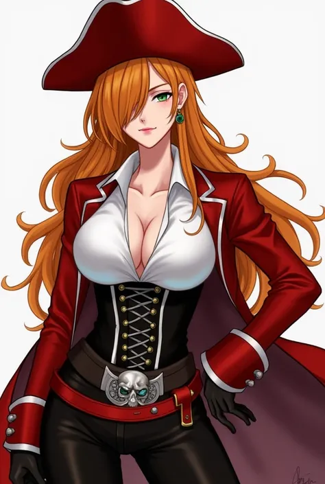 
1girl, adult woman, mature woman, older woman, fantasy, realistic, orange hair, long hair, messy hair, red Pirate Captain hat, bang covering eye, white shirt, red Pirate longcoat, coat wrist cuffs, jewelry, black gloves, black tight pants, red belt, skull...