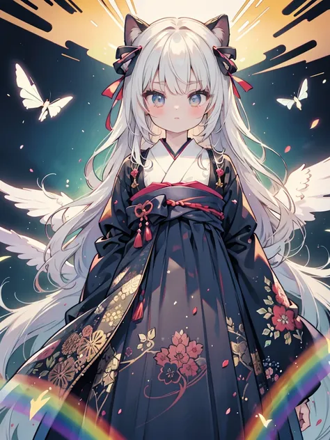 best quality, insanely detailed, exquisite, high quality, detailed, beautiful, ultra detailed, masterpiece, hyper detailed, absurdres, male, damask patterns, characterアクリルスタンド, hakama, in the style of intricate and bizarre, rainbow gradient