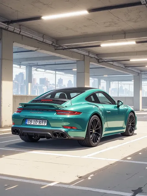 A teal green BMW sports car is parked in an underground garage. The car is positioned slightly to the left of center in the image. It's a two-door coupe with dark rims and a sleek design. The car appears to be a modern model, likely from the last s. The g...