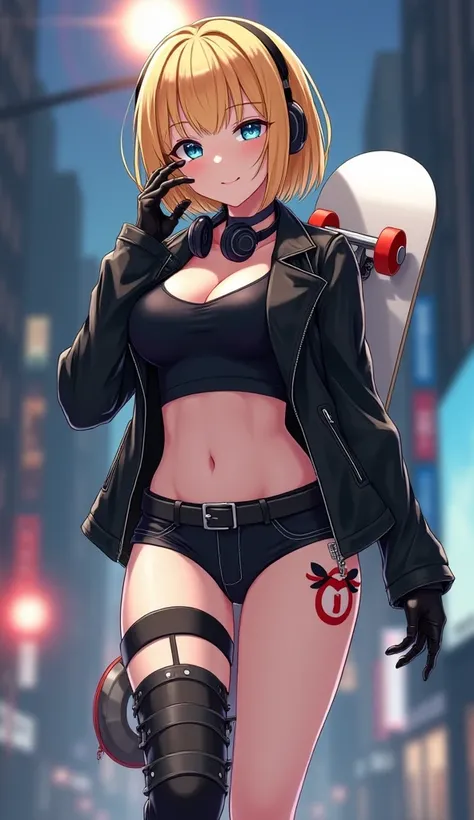  anime　 Gold　 short hair　 blue eyes　black long sleeve half leather jacket　 black short camisole　 black buckle 　 black leather gloves on hands 　 black short boots　 black short socks 　 thigh decoration on both thighs 　 black knee brace on the knee 　 big brea...