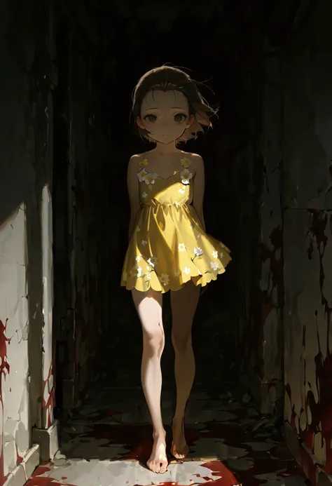 Best quality::2.5, artwork::2.5, Masterpiece::2.5, Dark background, Without light source, horror, loli, cute, Brown hair, brown eyes, short hair, Hair slicked back, bare shoulder, ((Flower design on dress)), ((Yellow dress)), Bare legs, barefoot, bottomles...