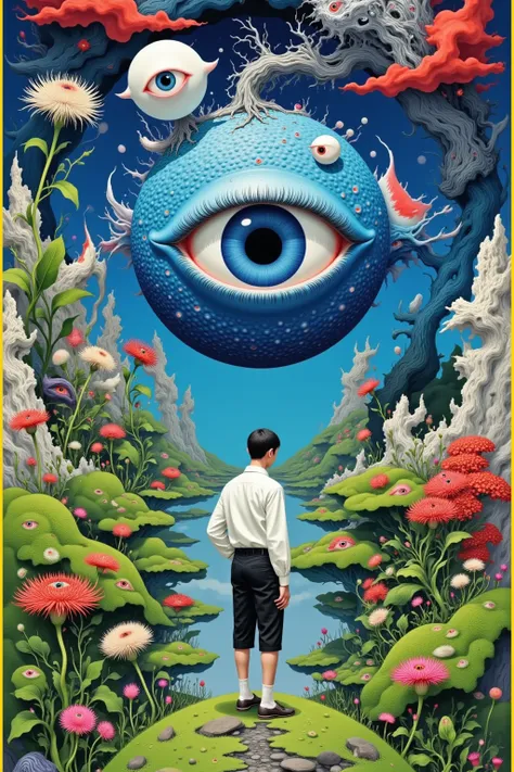  painting of a man standing in front of a huge eye, a  surrealismist painting by Justin Gerard,  Behance contest winning work , pop  surrealismism,  surrealism illustration,  surrealism +  height detail, 4 k  surrealismism,  surrealism art, pop -  surreali...