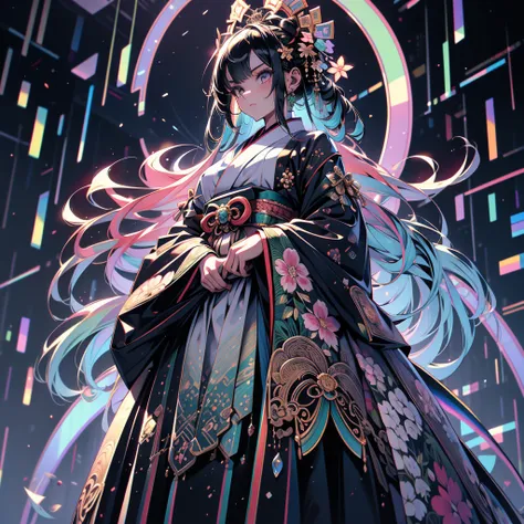 best quality, insanely detailed, exquisite, high quality, detailed, beautiful, ultra detailed, masterpiece, hyper detailed, absurdres, male, damask patterns, characterアクリルスタンド, hakama, in the style of intricate and bizarre, rainbow gradient