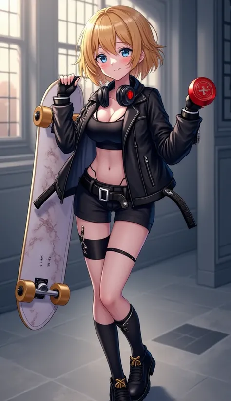  anime　 Gold　 short hair　 blue eyes　black long sleeve half leather jacket　 black short camisole　 black buckle 　 black leather gloves on hands 　 black short boots　 black short socks 　 thigh decoration on both thighs 　 black knee brace on the knee 　 big brea...