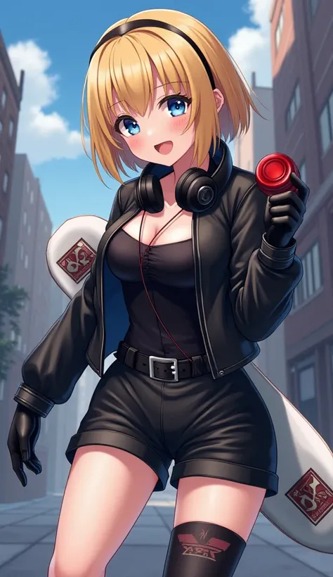  anime　 Gold　 short hair　 blue eyes　black long sleeve half leather jacket　 black short camisole　 black buckle 　 black leather gloves on hands 　 black short boots　 black short socks 　 thigh decoration on both thighs 　 black knee brace on the knee 　 big brea...