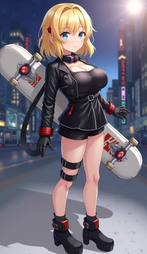  anime　 Gold　 short hair　 blue eyes　black long sleeve half leather jacket　 black short camisole　 black buckle 　 black leather gloves on hands 　 black short boots　 black short socks 　 thigh decoration on both thighs 　 black knee brace on the knee 　 big brea...