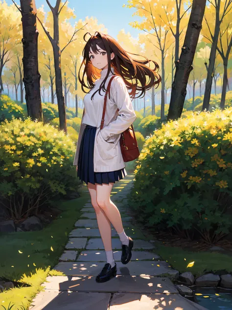 naru narusegawa, long hairs, yellow turtleneck, (red pleated skirt:1.1), looking at viewer, full body shot, sakura trees in background, blue sky, beautiful face, highly detailled eyes, masterpiece, absurdres