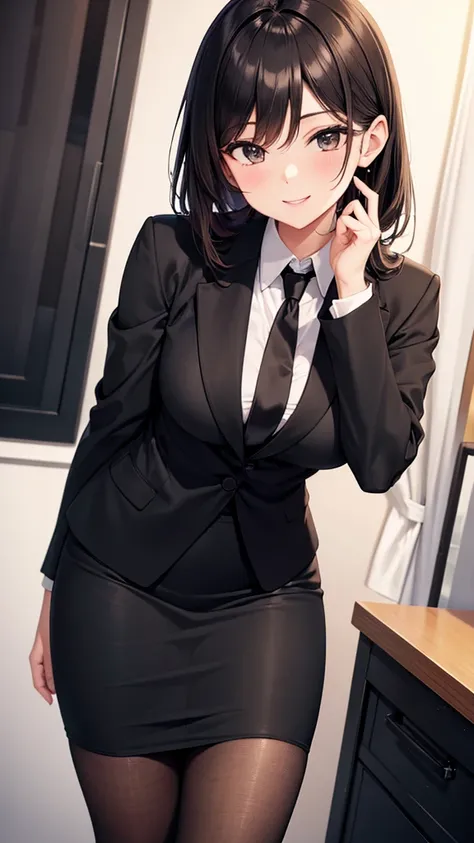 sexy older sister in a black business suit　　 　　The black tie is tight　 black pencil skirt 　Brown tights　smile　  high res　  high res　I'm trying to take off my suit jacket