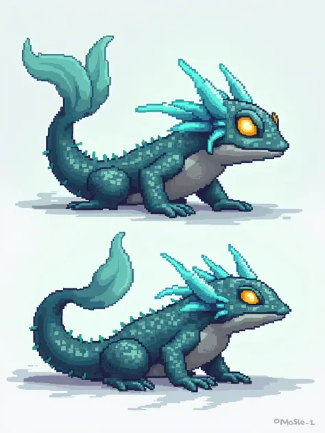  make an image of the Mutant Amphibian: How does a pixelated 2D skecth , for the game,  from front to side and back 