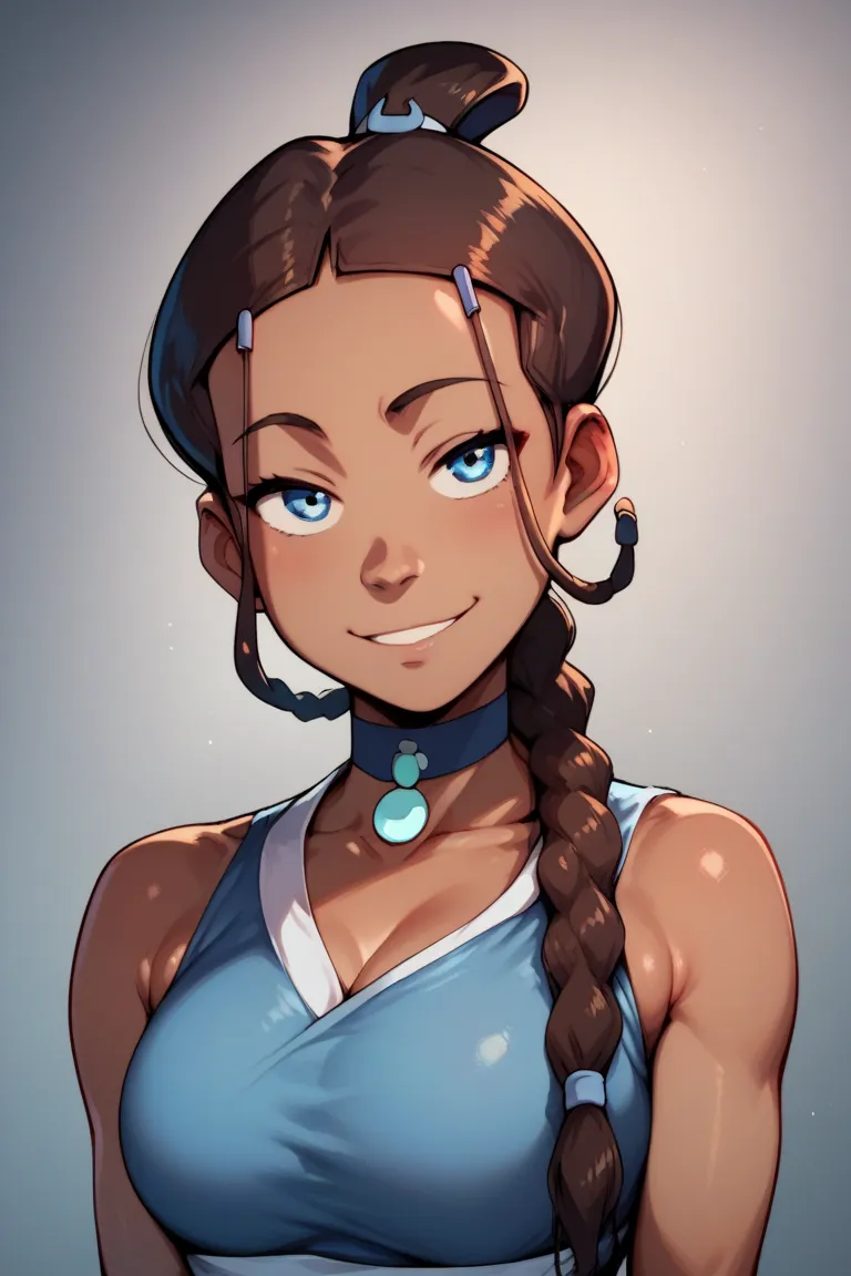 score_9, score_8_up, source_cartoon, flat color, 

1girl, katara, brown hair, blue eyes, dark skin, 
braid, blue choker, jewelry, 

blue dress, 

looking at viewer, seductive smile, narrowed eyes, head tilt, 
braided ponytail, hair over shoulder, large bre...