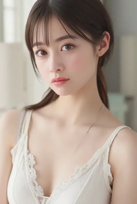 highly detailed CG Unity 8K , top quality 、 highly detailed 、 Hashimoto Kanna、(( completely naked:2))、(((large breasts)))、White lace underwear、 show my whole body、 look here、