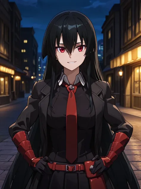 masterpiece, best quality, high resolution, absurdres, 1girl, akame, red_eyes, black_hair, very_long_hair, hair_between_eyes, medium_breasts, black_shirt, collared_shirt, pleated_skirt, black_skirt, red_necktie, vambraces, elbow_gloves, black_gloves, fauld...