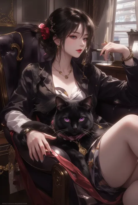 Sexy red-lipped secretary , a little disheveled sitting in the boss's seat with a beautiful black cat with purple eyes resting on her legs ( In the background the interior of a boss's office?