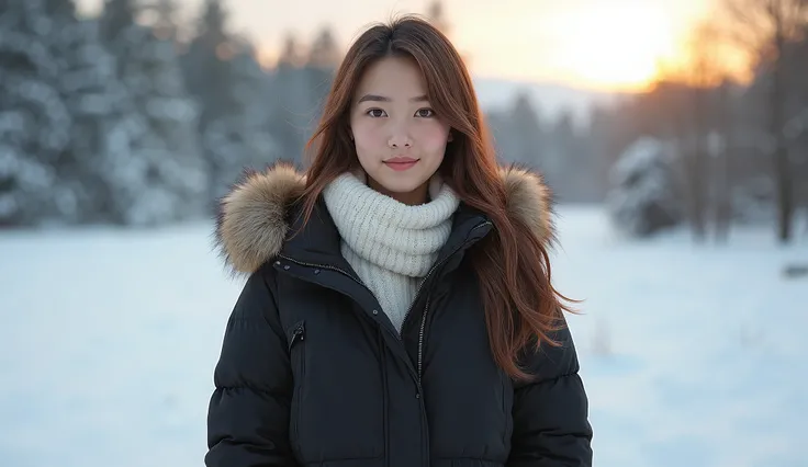 (photorealism:1.2), "A young woman with long brown hair wearing a puffy black winter jacket and a white scarf, standing outdoors in a cold winter environment. Her face is framed by the hood of the jacket, and she gazes directly at the camera with a warm, n...