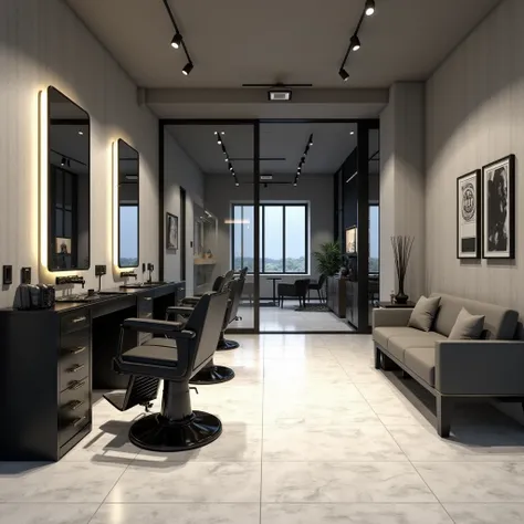 "Generate a high-quality 3D-rendered concept of a minimalist barber studio named 'Men Studio.' The design should be clean, modern, and functional, featuring:

Two premium barber chairs positioned in front of stylish mirrors.
A sleek washbasin area with a b...