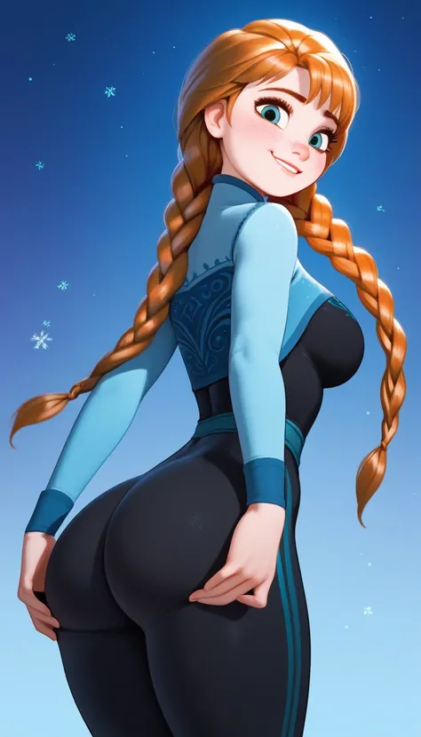 score_9,score_8_up,score_7_up,score_6_up,score_5_up,score_4_up,1girl, (anna frozen, twin braids), cute smile, freckles,athletic body, juicy ass, bubble butt, black tight pants, breast focus, big breasts, in dark room, sexy pose