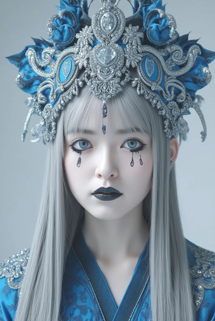 Vintage Blue, The image is a CGI rendering of a white-skinned woman with amazing blue eyes, long silver braided hair, and black teardrop-like stripes.
She wears a blue and silver decorative headdress with dangling pearls and matching clothes.
The makeup is...