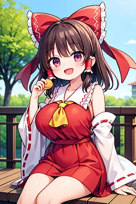 anime,lighting forward,sakura park,(clothing hakurei_reimu' costume:1.2),hakurei_reimu,(large breasts),loli face,eating dumpling,sitting,,happy smile,open mouth,16years old,dynamic angle