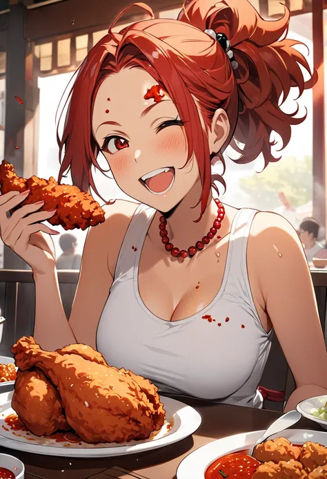 A girl enjoying a spicy fried chicken with a happy expression, She is wearing a white tank top with beads of sweat on her forehead, The fried chicken looks very spicy with visible red chili powder and a hint of red color, The table is filled with a large p...