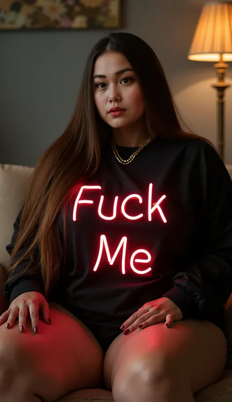 Hot chubby milf with big ass wears black shirt with neon letter "Fuck Me" ,  with open legs nudes there is a woman (Sophie Dee), Sophie Dee sitting down with a longest brown hair, bbwchan, thicc, brown hijab outfit, brown hairstyle model, korean girl, kore...