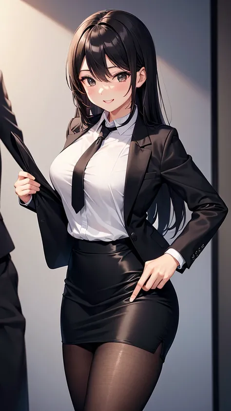 sexy older sister in a black business suit　　 　　The black tie is tight　 black pencil skirt 　Brown tights　smile　  high res　  high res　I'm trying to take off my suit jacket