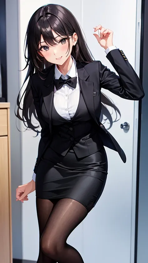 sexy older sister in a black business suit　　 　　The black tie is tight　 black pencil skirt 　Brown tights　smile　  high res　  high res　I'm trying to take off my suit jacket