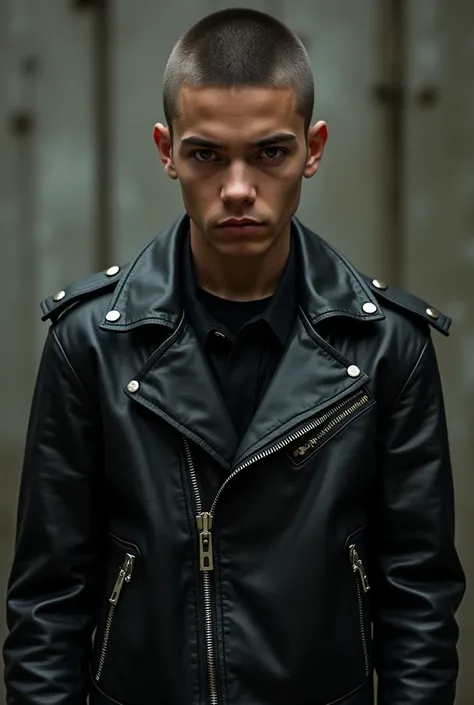 Young man in dark leather with a buz cut