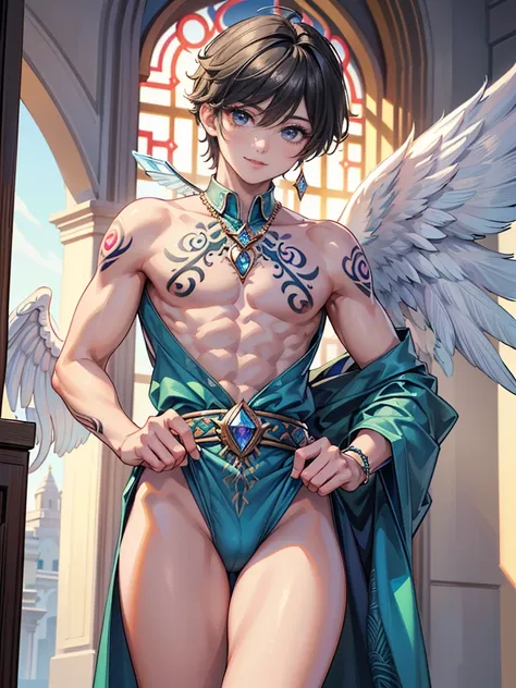 (masterpiece,best quality,ultra_detailed,highres,absurdres), (detailed shadow), (quality light),1 (young_male:2.0) (with bulge:1.4), (slanty_eyes), (16-ish:1.2), (muscleale focus, solo), short black Quiff hair with Soft Fringe (bangs part on side 3:7 ratio...