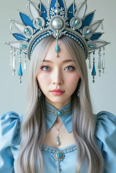 Vintage Blue, The image is a CGI rendering of a white-skinned woman with amazing blue eyes, long silver braided hair, and black teardrop-like stripes.
She wears a blue and silver decorative headdress with dangling pearls and matching clothes.
The makeup is...