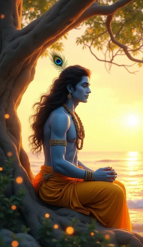 "A divine digital painting of Lord Krishna sitting under a grand tree by the sea, bathed in golden sunset light. His celestial blue skin glows softly, and his long, wavy dark hair flows with the ocean breeze. A delicate peacock feather rests in his hair, s...