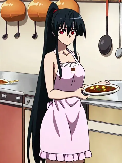 masterpiece, best quality, high resolution, absurdres, 1girl, solo,Akame, red_eyes, black_hair, very_long_hair, hair_between_eyes, medium_breasts, ladle, cooking, apron,curry, food, spoon, kitchen, looking at viewer, ponytail, cowboy shot, back view 