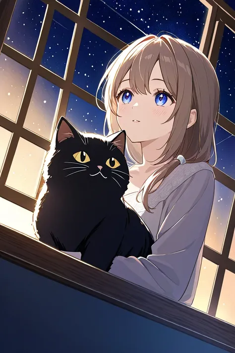 A woman is looking up at the wide starry sky from the window。There is a cat nearby。