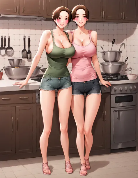 score_9, score_8_up, score_7_up, looking at viewer, imshinhye, 1girl, large breasts, brown hair, brown eyes, blush, smile, full body, cowboy shot, casual, tanktop, pink short hotpant, open bolero outer, in kitchen, 