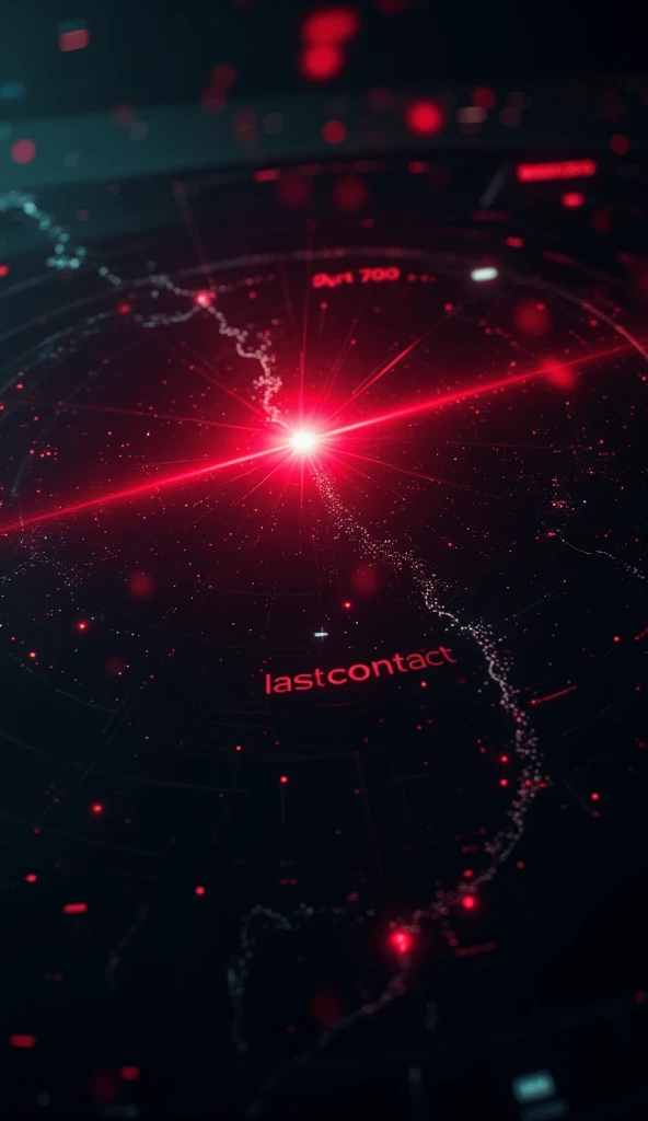 On a dark background aviation radar map, the route of Malaysia Airlines Flight 370 is drawn with a white dotted line. A red warning icon flashes, displaying "Last Contact".