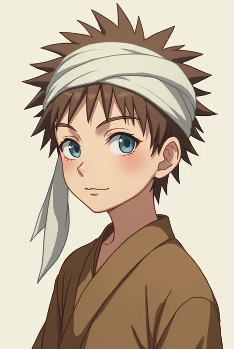 1boy, Young, With a white cloth tied around the head, brushwood-dyed medium spiky hair, Light skin, Light blue eyes, Look calm, Brown color clothes, #gaara#