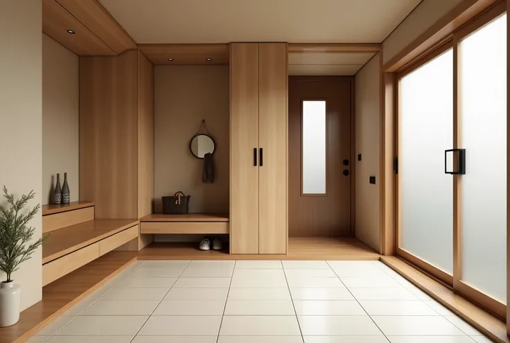 A modern Japanese entrance (genkan) with a minimalist and natural design. The space features a combination of light wood and neutral-colored walls, creating a warm and inviting atmosphere. The floor is divided into two levels, with white square tiles in th...