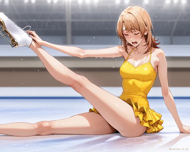 A woman are ice skating, Indoor skating rink, my skirt is fluttering, yellow mini dress, solo, masterpiece, high resolution, best quality, isshiki iroha, leg up, sitting, crying, closed eyes, open mouth