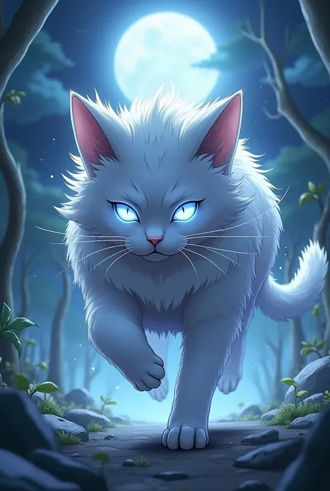 anime style, big cat-like creature, silver fur, silver eyes, shimmering fur, nighttime under the moonlight, running posture, cute and fierce, magical and fantasy.