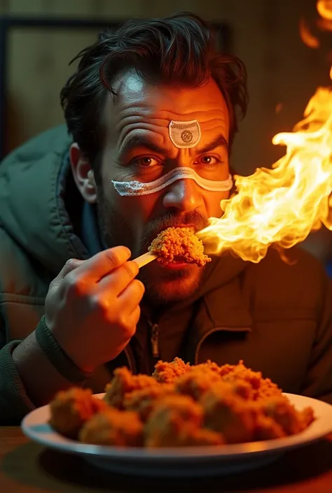 A man is eating spicy fried chicken, he is breathing fire, the fried chicken is also burning, the man is a fire man, a man with a hyottoko face, a man with a pursed and crooked expression, he is wearing a mask on his face. Cinematic expression, dramatic li...