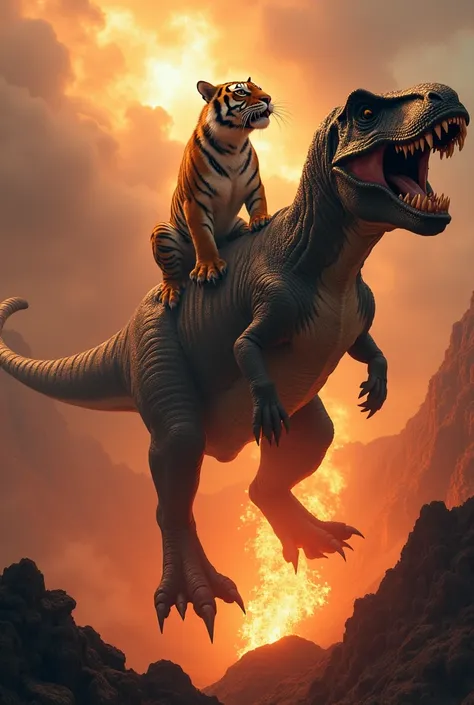 Create an image of a tiger riding a t-Rex flying over an erupting volcano