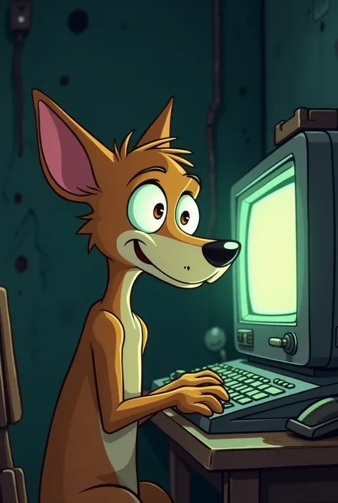 A cartoon-style cartoon of a skinny caramel dog with big, expressive eyes sitting in front of an old computer, with your paws on the keyboard as if you were doing a search.  The environment has dark lighting and a surreal touch , like in a horror cartoon ....