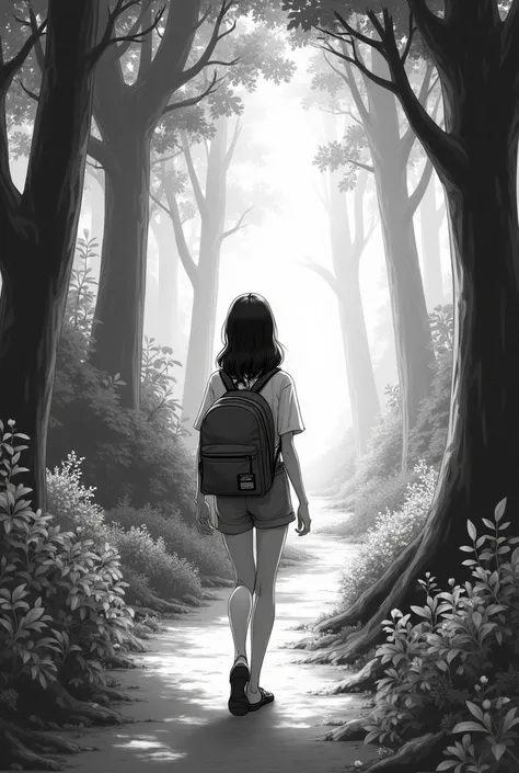 The adult girl who wore normal cloth with the small backpack filled with her favorite book walking through the Enchanted forest path in anime style(black and white) 