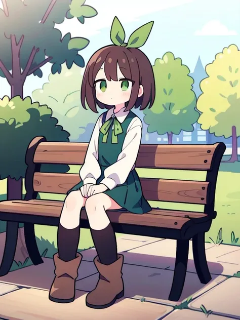 ((Best masterpiece, Perfect quality, Ultra detailed)), A skinny girl, With dark brown hair, Green eyes, Wearing a dress shirt with a green ribbon, Brown pleated skirt, Gray boots, Sitting on a wooden bench