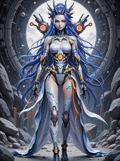 Aorun , long dark blue hair, a pair of dragon horns on the head, (La  better quality,A high resolution, Ultra - detailed,actual), Sabrina Carpenter  cyborg transparent , ( mini skirt cyborg orange :1.4), top corto white transparent,(Background of ruined cy...