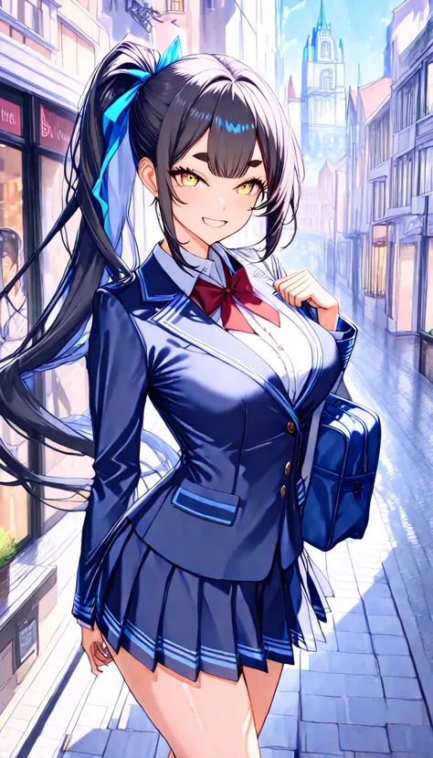 ,​( top quality, 8k,  masterpiece:1.3, beautiful girl), Glowing Skin ,((( long hair, ponytail, blue ribbon, beautiful hair, black hair:1.2))),( perfect anatomy, very well detailed skin),(( detailed face, golden eyes , droopy eyes ,Narrow eyes,pretty thick ...