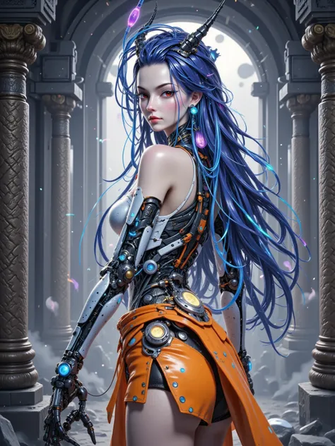 Aorun , long dark blue hair, a pair of dragon horns on the head, (La  better quality,A high resolution, Ultra - detailed,actual), Sabrina Carpenter  cyborg transparent , ( mini skirt cyborg orange :1.4), top corto white transparent,(Background of ruined cy...