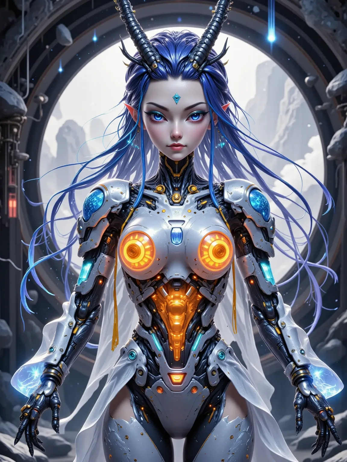 Aorun , long dark blue hair, a pair of dragon horns on the head, (La  better quality,A high resolution, Ultra - detailed,actual), Sabrina Carpenter  cyborg transparent , ( mini skirt cyborg orange :1.4), top corto white transparent,(Background of ruined cy...