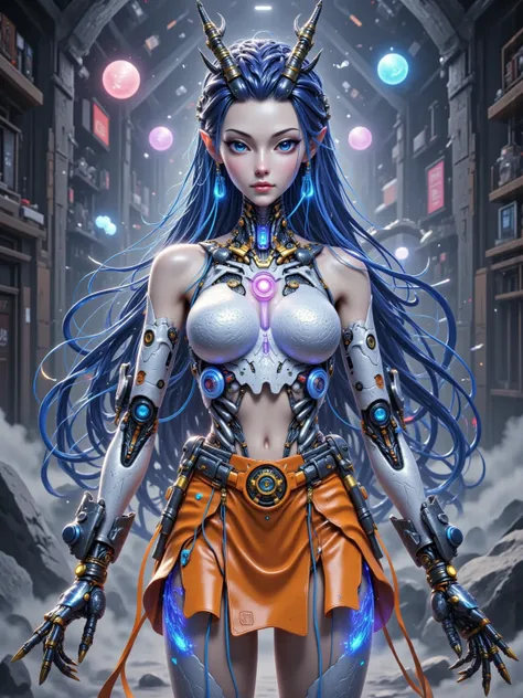 Aorun , long dark blue hair, a pair of dragon horns on the head, (La  better quality,A high resolution, Ultra - detailed,actual), Sabrina Carpenter  cyborg transparent , ( mini skirt cyborg orange :1.4), top corto white transparent,(Background of ruined cy...