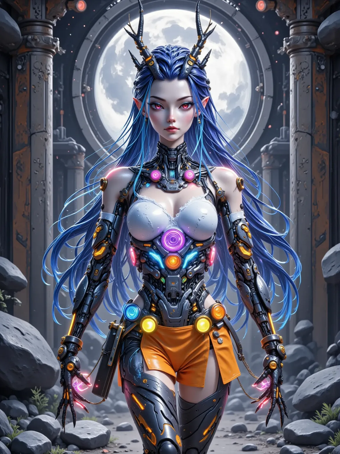 Aorun , long dark blue hair, a pair of dragon horns on the head, (La  better quality,A high resolution, Ultra - detailed,actual), Sabrina Carpenter  cyborg transparent , ( mini skirt cyborg orange :1.4), top corto white transparent,(Background of ruined cy...